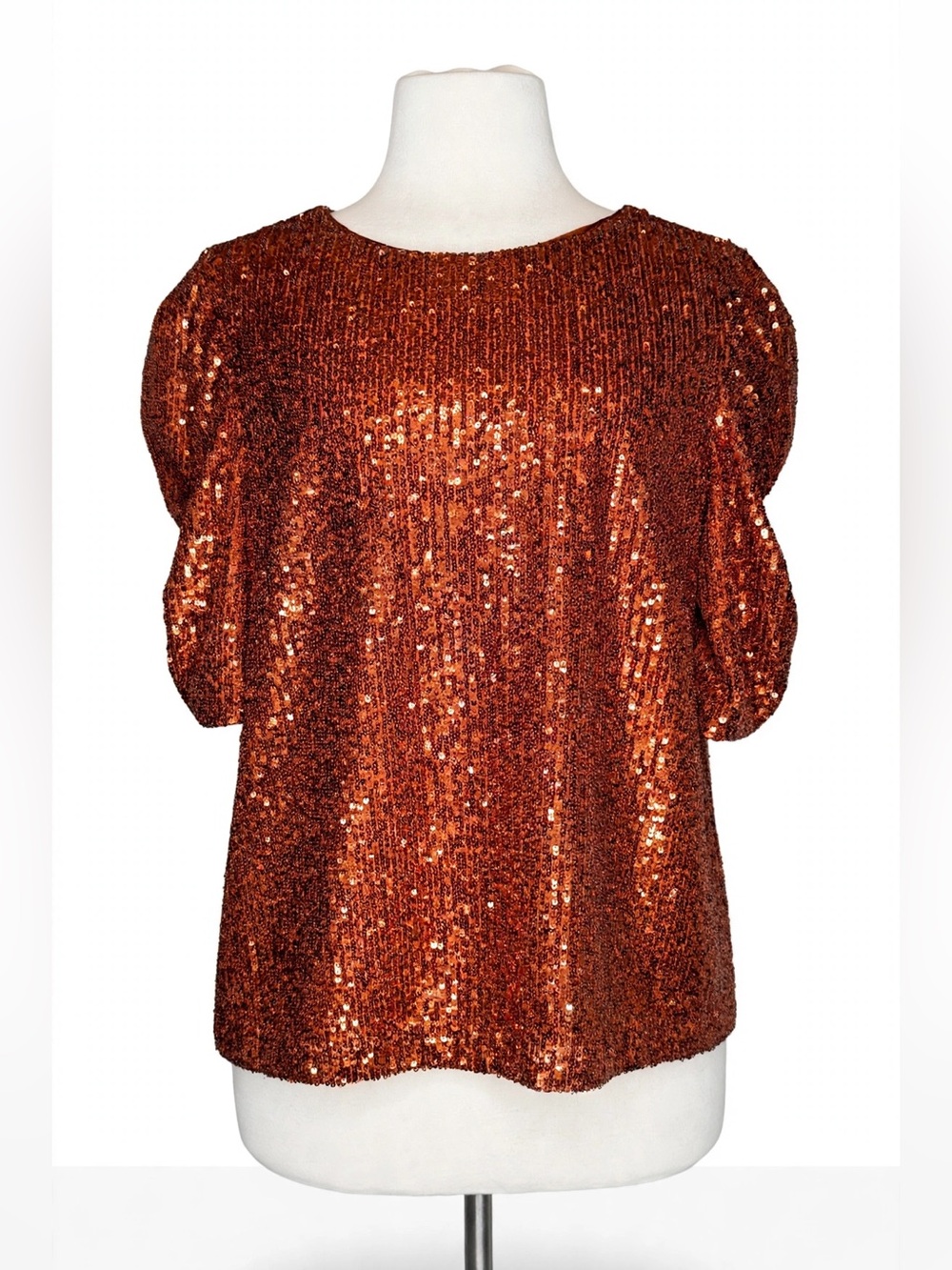 Anthropologie Copper Sequin Puff-Sleeve Top